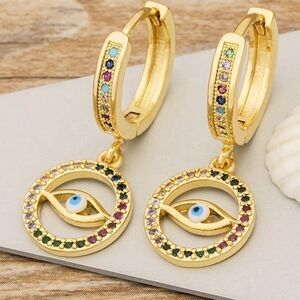 New Gold Evil Eye Hoop Dangle Earrings With Accent Stones, 18K gold plated